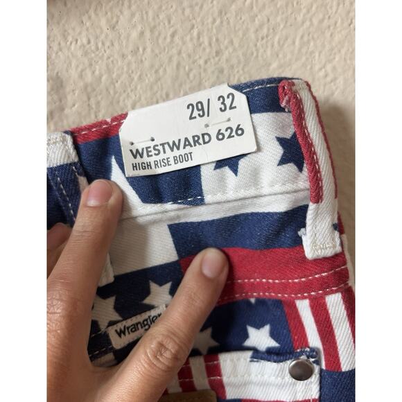 NWT Wrangler Hig Rise Boot Retro American Flag Patchwork Flare Pants 29/32 - Picture 14 of 16